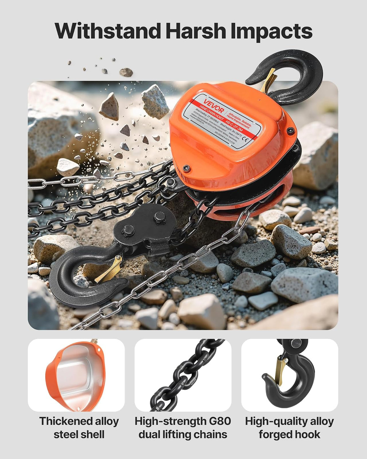 VEVOR Polipasto de Cadena Manual, Polipasto de Polea Resistente con Cadena Galvanizada G80 Mejorada, Altura de Elevación de 3 m Carga de 3 T para Garaje, Almacén y Maquinaria Automotriz, Naranja