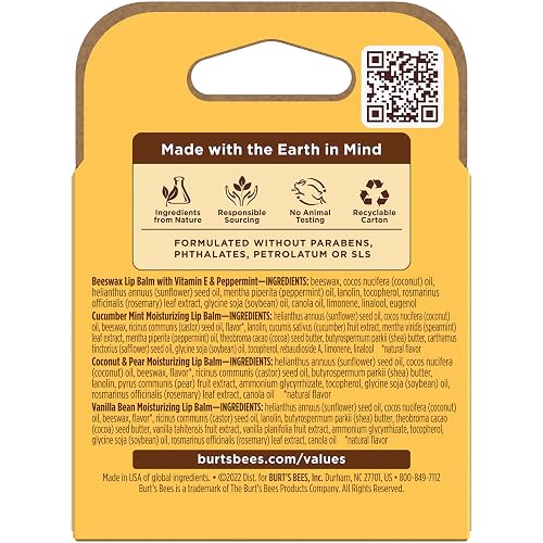 Burt's Bees - Bálsamo labial de cera de abejas, menta, pepino, coco y pera y vainilla, con cera de abejas de origen responsable, sin tinte, tratamiento labial de origen natural, 4 tubos, 0.25 onzas