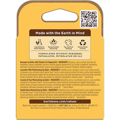 Burt's Bees - Bálsamo labial de cera de abejas, menta, pepino, coco y pera y vainilla, con cera de abejas de origen responsable, sin tinte, tratamiento labial de origen natural, 4 tubos, 0.25 onzas