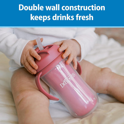 Dr. Brown's Milestones - Taza aislada para sorbos con popote y asas, vaso a prueba de derrames con tapa, paquete de 2, rosa, 10 onzas, 300 ml, sin BPA, 12 m +