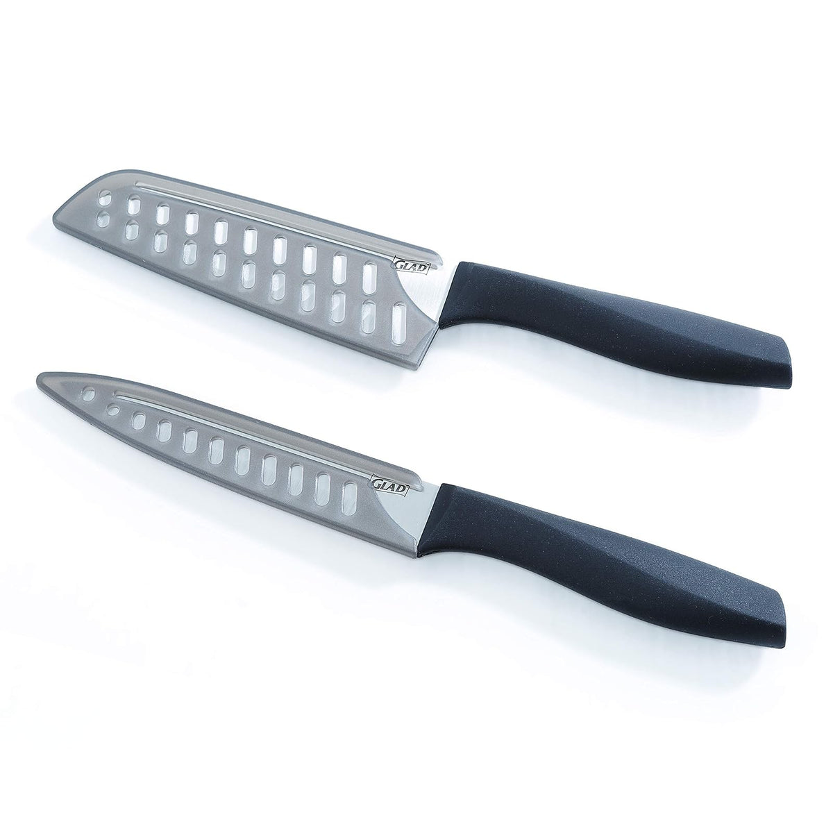 Glad - Juego de cuchillos con tabla de cortar, 5 piezas, cuchillos santoku afilados y utilitarios con cubiertas de hoja y bloque de plástico para picar | Accesorios de cocina color gris