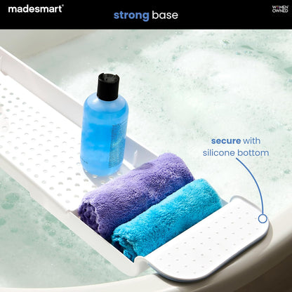 madesmart - Bandeja de baño expandible para bañeras, Ducha de plástico y Estante de baño, Blanco, Organizador de baño Multifuncional para Tina, Color Blanco