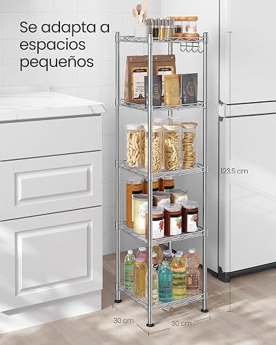 SONGMICS Estantería de Baño de Metal, Carga 20 kg por Nivel, Gris y Blanco | Organizador con 5 Hojas de PP, 30 x 30 x 121 cm, Diseño Expandible, Colección DALTEN MLGR023S01