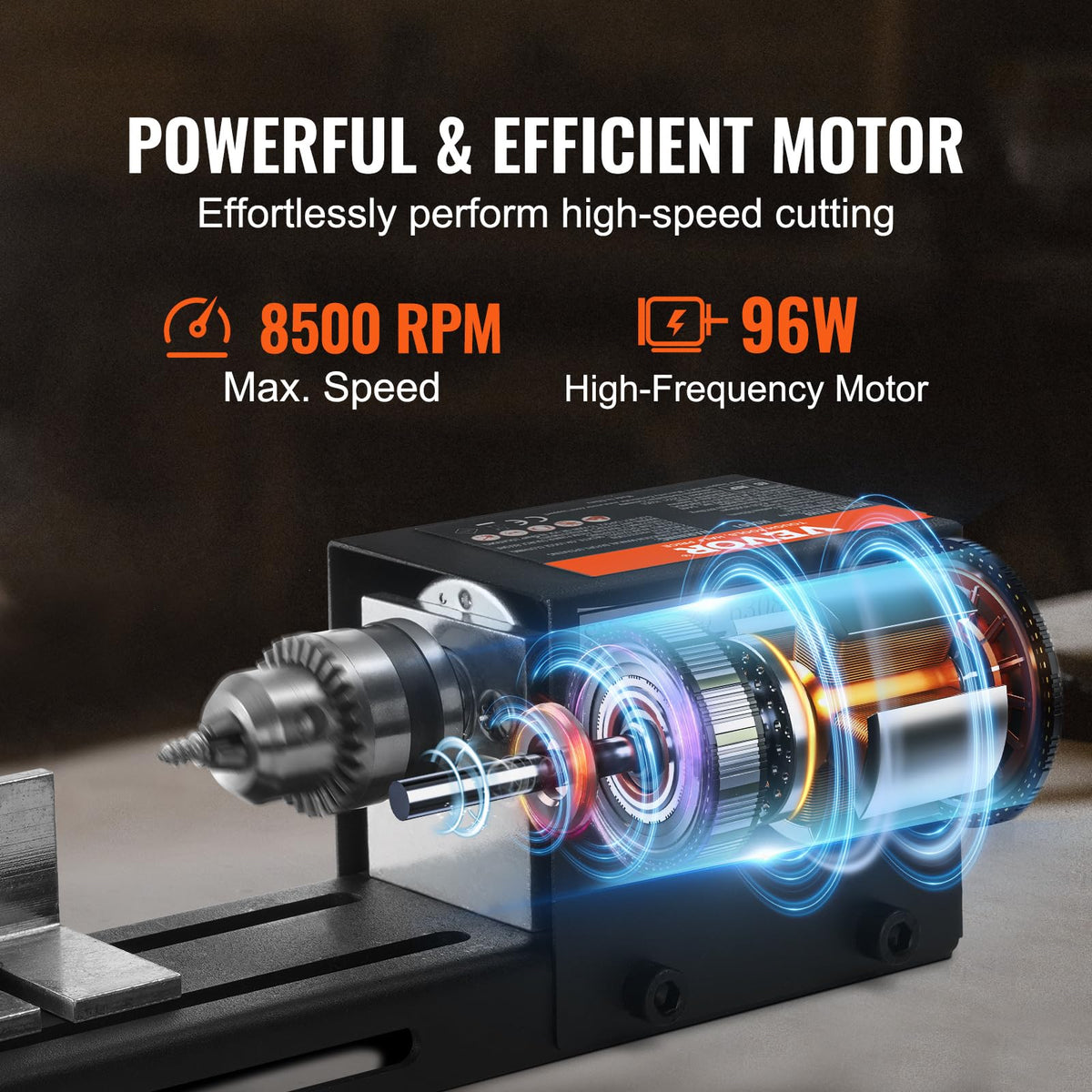 VEVOR Mini máquina de torno, 2.7 x 6.3 pulgadas, 24VDC 96W Mini herramientas de tornos de madera, accesorios de fresadora, 7 velocidades, 4220/5300/5650/6350/6660/7050/8450 RPM, para bricolaje