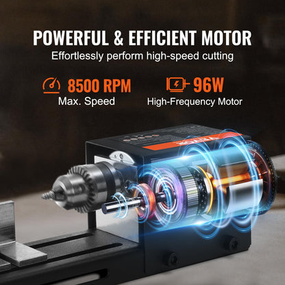 VEVOR Mini máquina de torno, 2.7 x 6.3 pulgadas, 24VDC 96W Mini herramientas de tornos de madera, accesorios de fresadora, 7 velocidades, 4220/5300/5650/6350/6660/7050/8450 RPM, para bricolaje