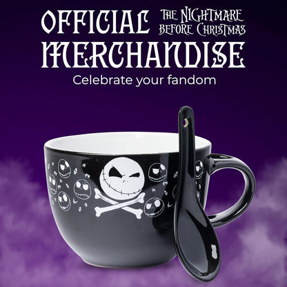 Silver Buffalo Nightmare Before Christmas Jack Cross Bones - Taza de sopa de cerámica con cuchara de 24 onzas