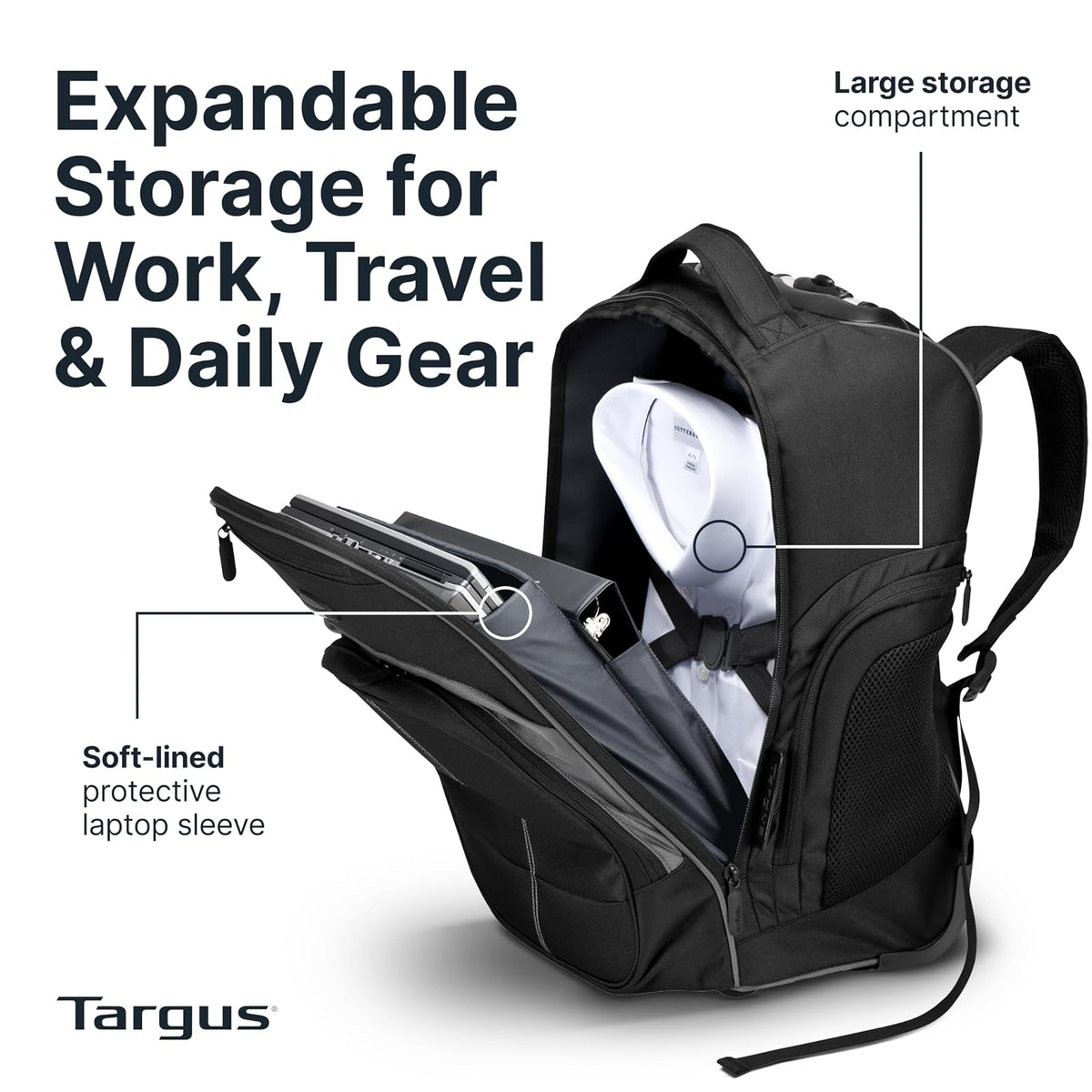 Targus Kompakter Roll-Rucksack für Business, Studenten und Reisen, Pendler, strapazierfähiges Material, Tablet-Tasche, abnehmbare Laptop-Schutzhülle