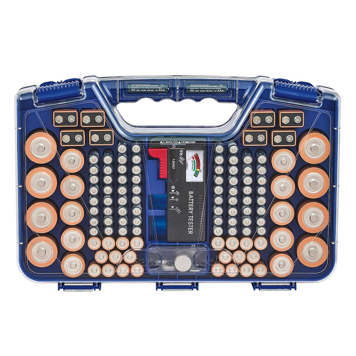 Ontel Battery Daddy - Funda organizadora de batería con probador, almacena y protege hasta 180 baterías, tapa de bloqueo transparente, como se ve en la televisión, color azul