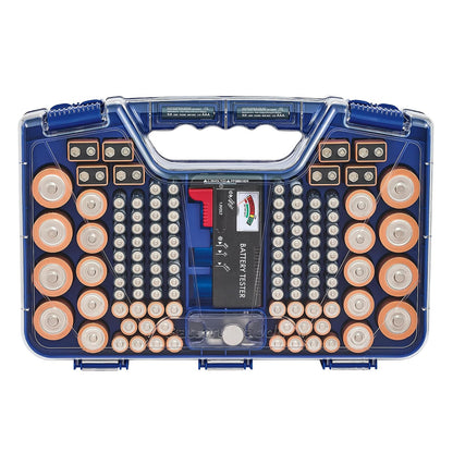 Ontel Battery Daddy - Funda organizadora de batería con probador, almacena y protege hasta 180 baterías, tapa de bloqueo transparente, como se ve en la televisión, color azul