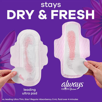Always Radiant Feminine Pads for Women, Size 5, Extra Heavy Overnight, with Wings, Scented, 18 Count, Pack of 3 (54 Count Total)