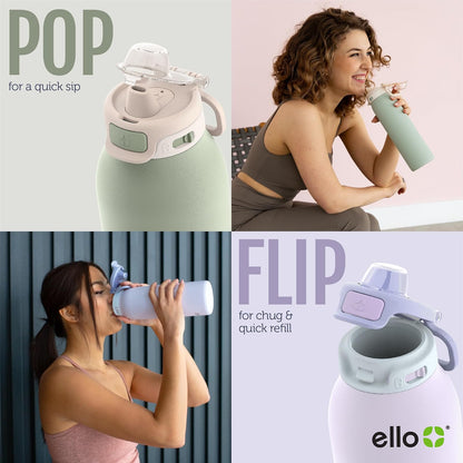 Ello Pop & Fill - Botella de agua de acero inoxidable de 22 onzas con tecnología de llenado rápido, doble pared y metal aislado al aspiradora, tapa de bloqueo a prueba de fugas, beber y chug,