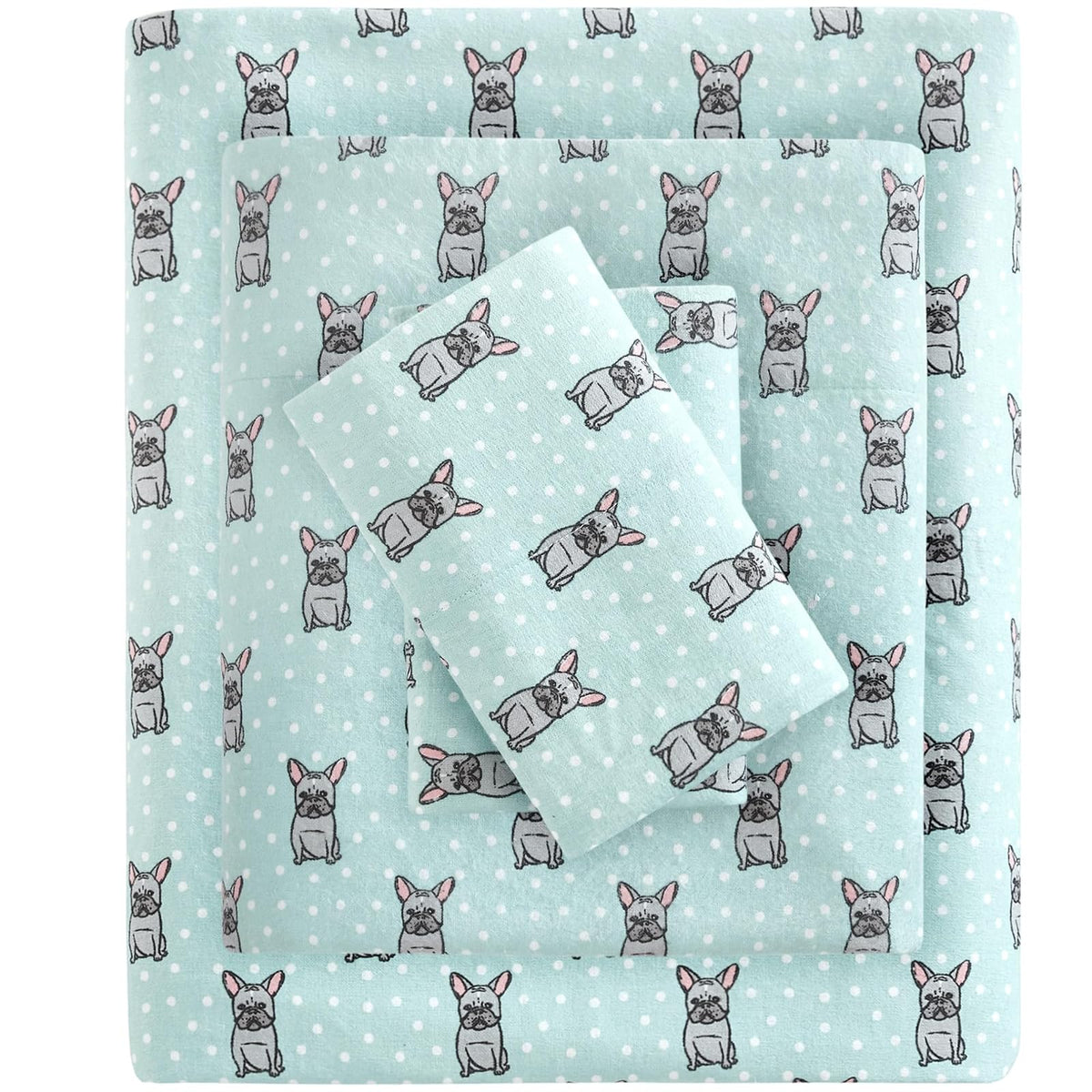 True North Juego de Sábanas de Franela 100% Algodón 4 Piezas - Aqua French Bulldog - Full