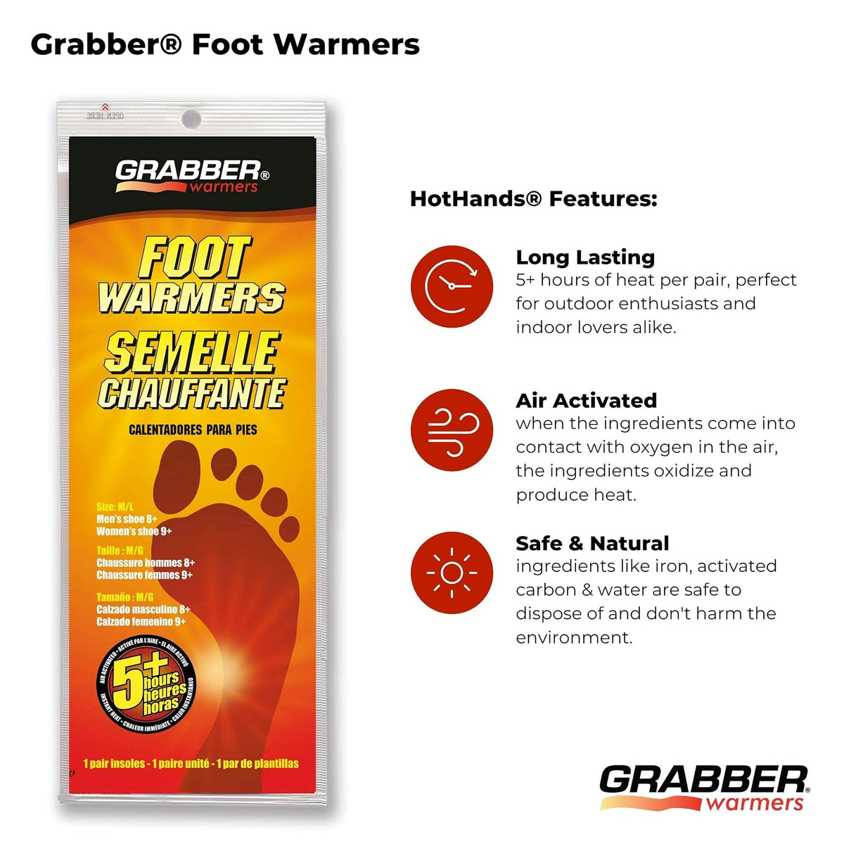 Grabber Insole Foot Warmers - Long Lasting Safe Natural Odorless Air Activated Warmers - Up to 5 Hours of Heat - 30 Pair