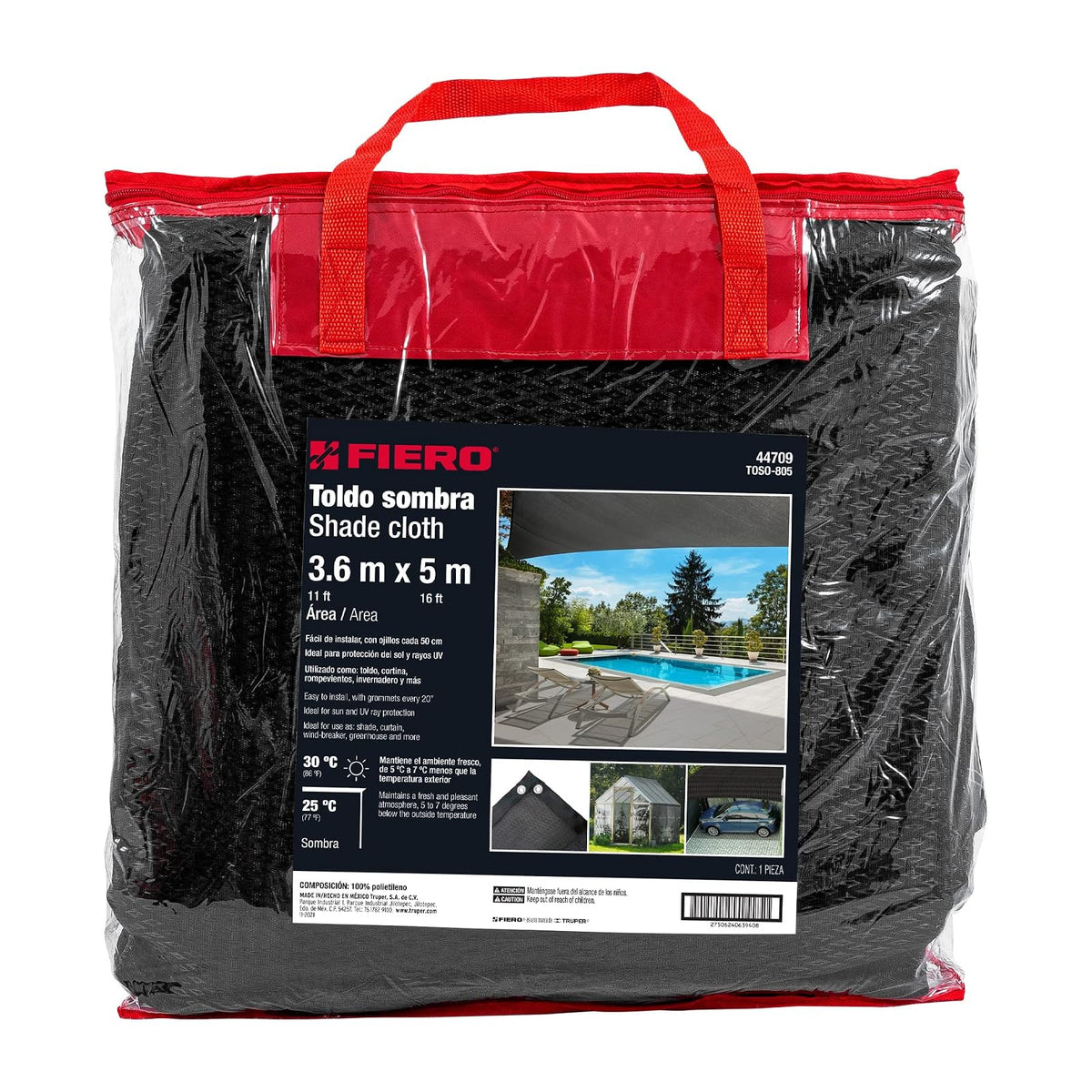 Fiero TOSO-805, Toldo de Polietileno, 80% Sombra, 3.60 x 5 m, Negro