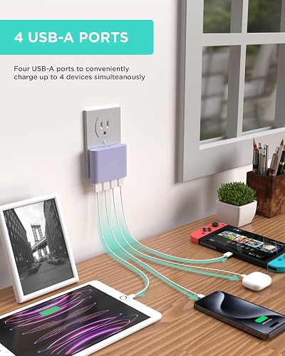 Cargador de Pared USB Slim iHome: Cargador USB Multipuerto AC Pro, Adaptador de Enchufe USB y Bloque de Carga para Teléfono, 4 Enchufes USB para Tomacorriente de Pared