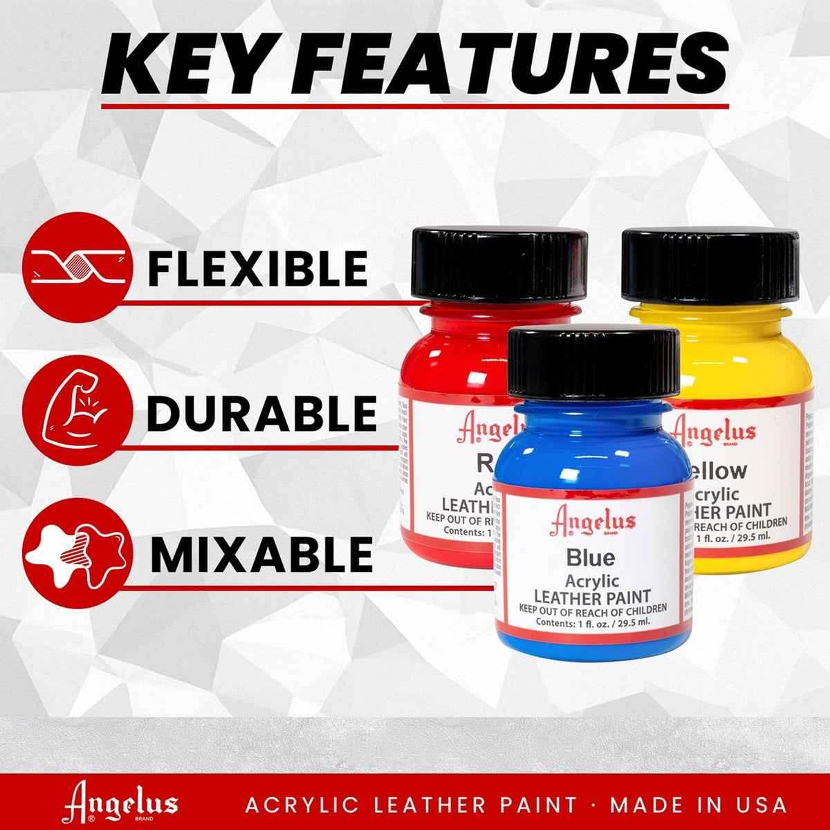 Angelus Leather Paint Basics Kit, Contains 1 Ounce Bottles of Black, White, Red, Blue, Yellow and Preparer, Plus a 5-Piece Angelus Brush Set (799-01-KIT)