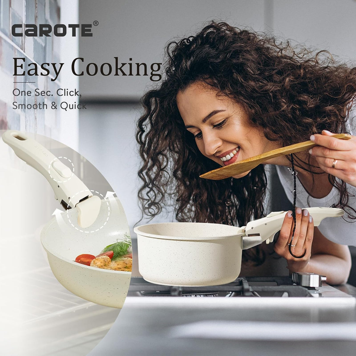CAROTE – Batería de Cocina 21 Piezas Desmontable, Ollas y Sartenes Antiadherentes, Mango Extraíble, Blanco Crema, Compatible con Inducción, Gas y Horno