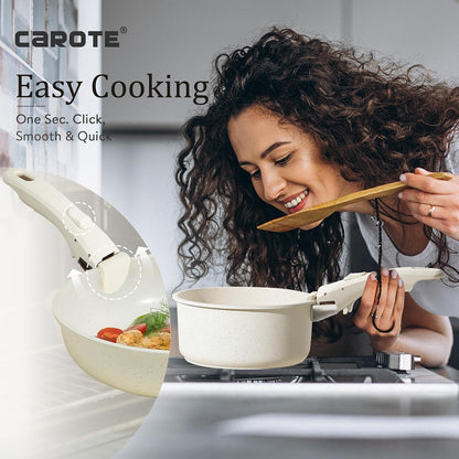 CAROTE – Batería de Cocina 21 Piezas Desmontable, Ollas y Sartenes Antiadherentes, Mango Extraíble, Blanco Crema, Compatible con Inducción, Gas y Horno