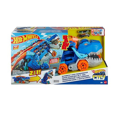 Hot Wheels Pista City Súper Remolque T-Rex con Luces y 2 Autos Incluidos para Niños de 4 Años