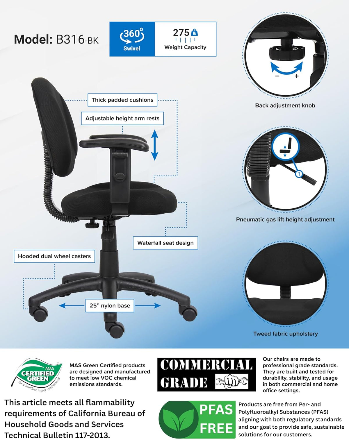Boss B316-BK Fabric Deluxe Posture Task Chair with Arms, Black