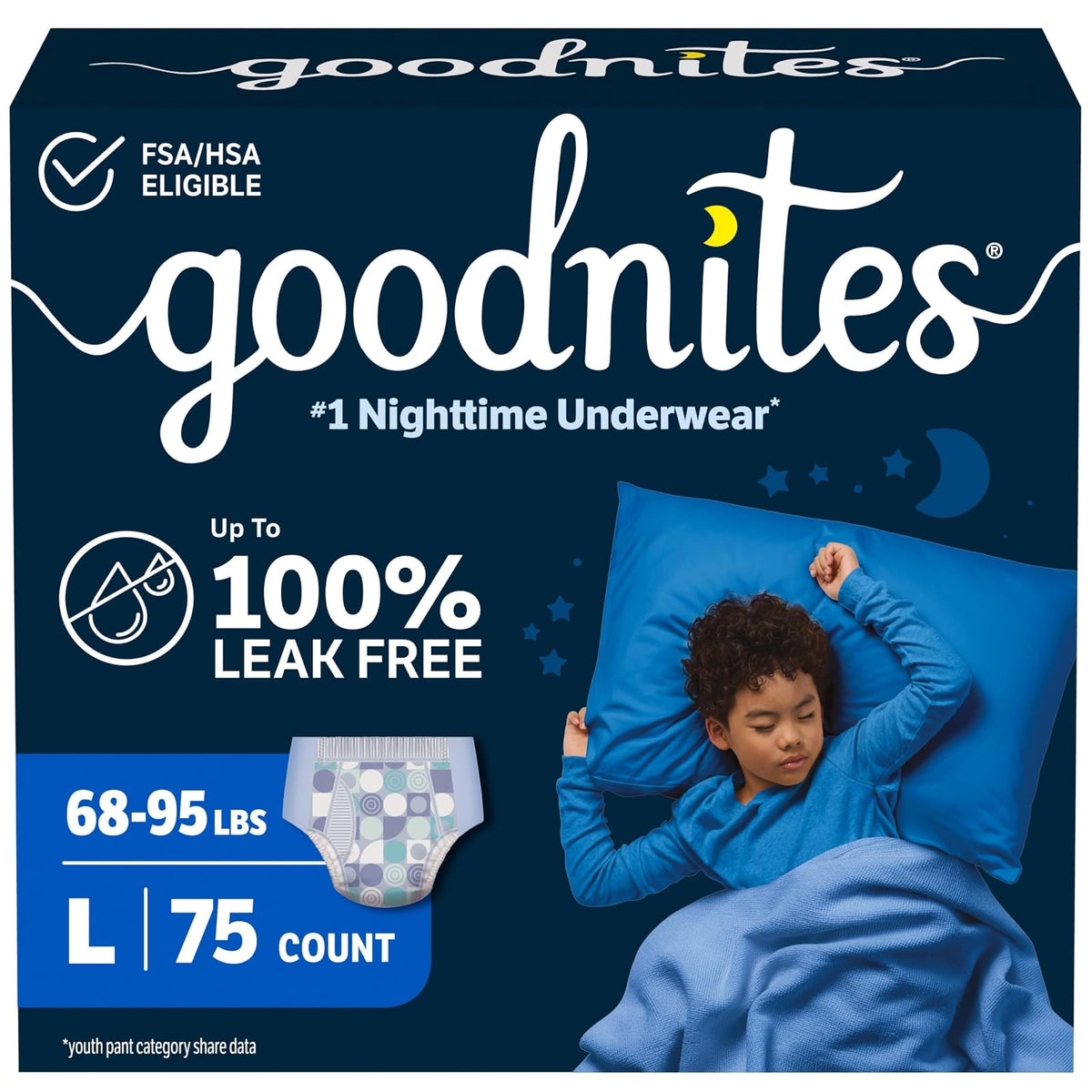 Goodnites Ropa interior nocturna para niños L (70-100 libras). ), 75 Ct