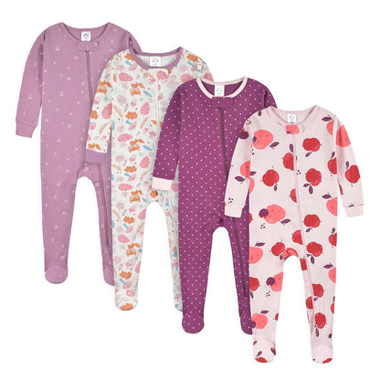 Gerber Paquete de 4 Pijamas con Pies Bebé Niña Estampado Dino y Animales Árticos - Floral de manzana y bosque - 3 Meses