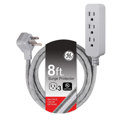 GE Pro Multicontactos 3 Salidas con Supresor de Picos, Cable Trenzado 2.4-4.5 m - Gris - 2.4 m - 1 Unidad