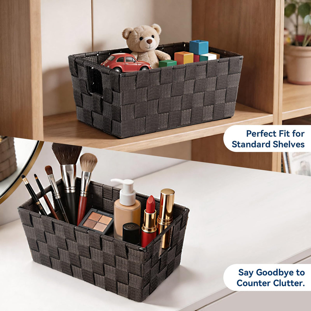 Whitmor - Cesta tejida pequeña para estante, Espresso, 1 | Espresso, 1 pieza, 11.42"x6.5"x4.53", tejido polipropileno, manijas integradas