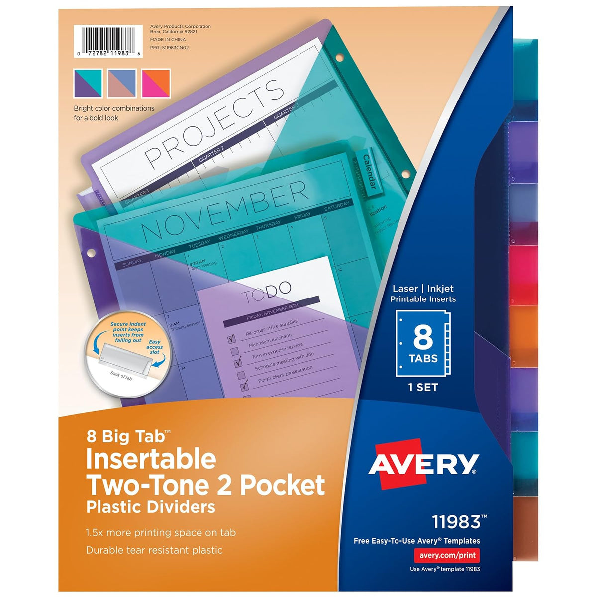 Avery Big Tab Insertable 2 divisores de bolsillo para carpetas de 3 anillas, juego de 8 pestañas, multicolor de dos tonos, 1 juego (11983)