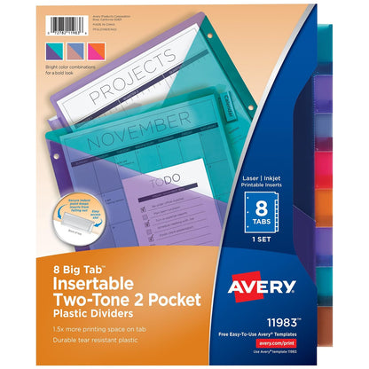 Avery Big Tab Insertable 2 divisores de bolsillo para carpetas de 3 anillas, juego de 8 pestañas, multicolor de dos tonos, 1 juego (11983)