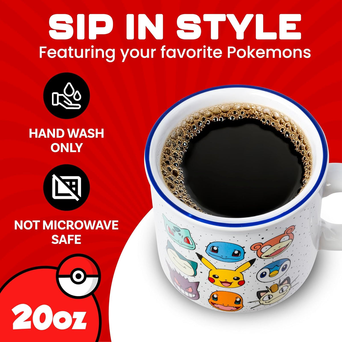 Silver Buffalo Pokemon Bulbasaur, Squirtle, Slowpoke, Snorlax, Pikachu, Piplup, Haunter, Charmander y Meowth Camper Taza, 20 onzas