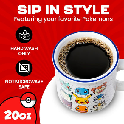 Silver Buffalo Pokemon Bulbasaur, Squirtle, Slowpoke, Snorlax, Pikachu, Piplup, Haunter, Charmander y Meowth Camper Taza, 20 onzas