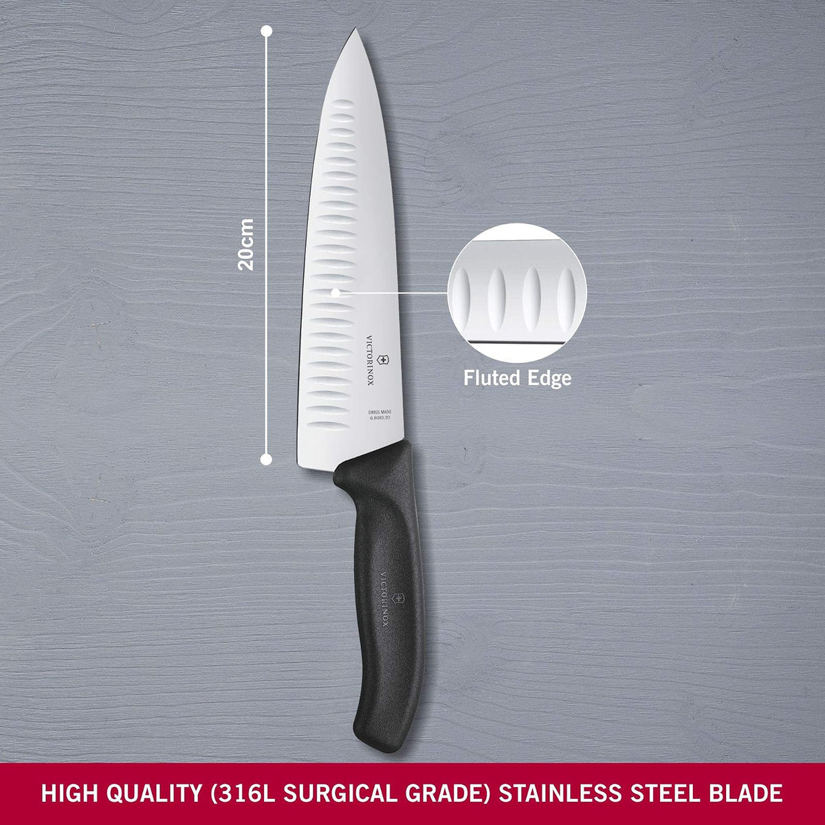 Victorinox 6.8083.20B Cuchillo de Chef Swiss Classic con Alveolos, 20 cm
