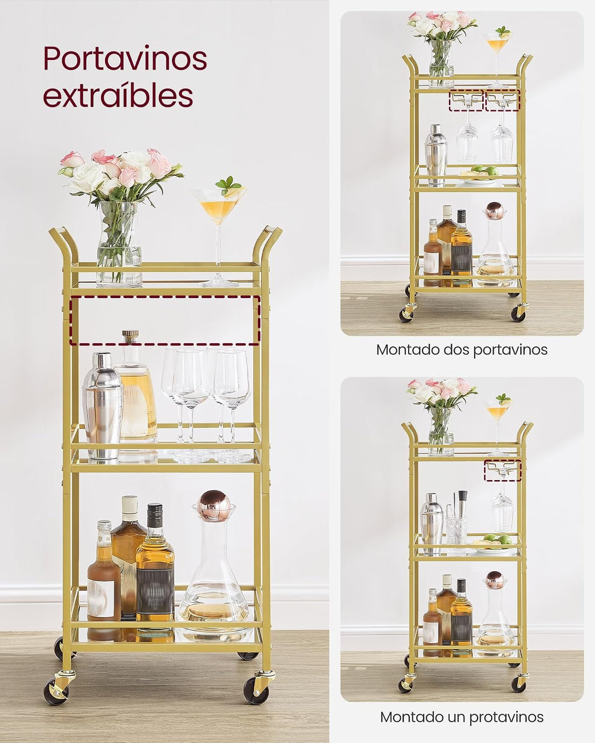 VASAGLE Carrito de 3 Niveles, Minicarrito de Bar, Ruedas, Pasamanos | Espacios Pequeños, Cocina, Comedor, Baño, Salón, Dorado Claro, Gris, Colección BARIS MLRC091A62