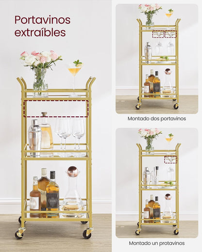 VASAGLE Carrito de 3 Niveles, Minicarrito de Bar, Ruedas, Pasamanos | Espacios Pequeños, Cocina, Comedor, Baño, Salón, Dorado Claro, Gris, Colección BARIS MLRC091A62
