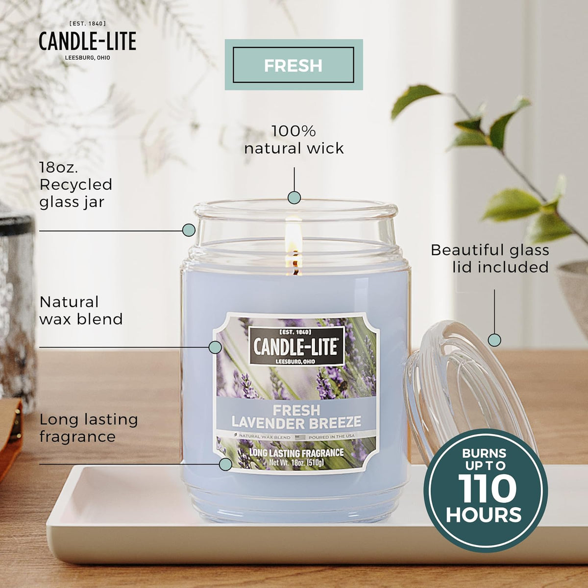 Velas perfumadas Candle-lite, brisa de lavanda fresca, tarro de 18 onzas, vertido con orgullo en los Estados Unidos, vela de aromaterapia, una sola mecha con 110 horas de tiempo de quemado, perfectas