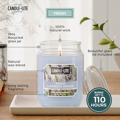Velas perfumadas Candle-lite, brisa de lavanda fresca, tarro de 18 onzas, vertido con orgullo en los Estados Unidos, vela de aromaterapia, una sola mecha con 110 horas de tiempo de quemado, perfectas