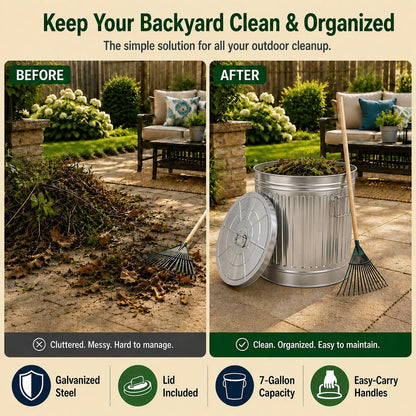 cubeta de basura de acero galvanizado redondo jardinizado, de 7 galones con tapa, cubeta de metal duradero para uso en patio, césped, jardín y patio, bote de basura resistente a la intemperie para