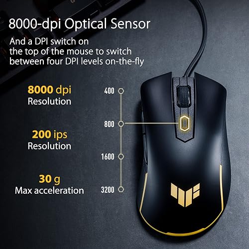 ASUS Mouse Gaming TUF Gaming M3 Gen IIncon Cable, 59 g, Ligero, Resistente al Polvo y al Agua IP56, Protector Antibacteriano, Sensor óptico 8K dpi, 6 Botones programables, Color Negro