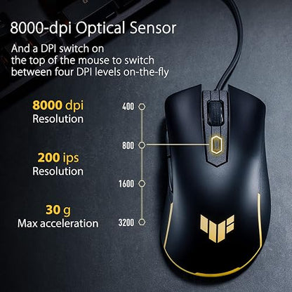 ASUS Mouse Gaming TUF Gaming M3 Gen IIncon Cable, 59 g, Ligero, Resistente al Polvo y al Agua IP56, Protector Antibacteriano, Sensor óptico 8K dpi, 6 Botones programables, Color Negro