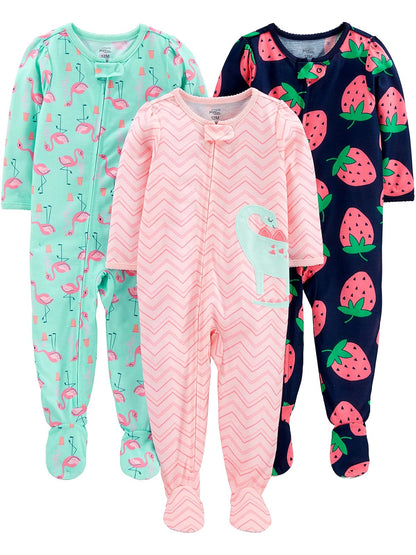 Simple Joys by Carter's - Paquete de 3 pijamas de poliéster resistentes al fuego para niñas - 12 Meses - Dino - Strawberry - Flamingo