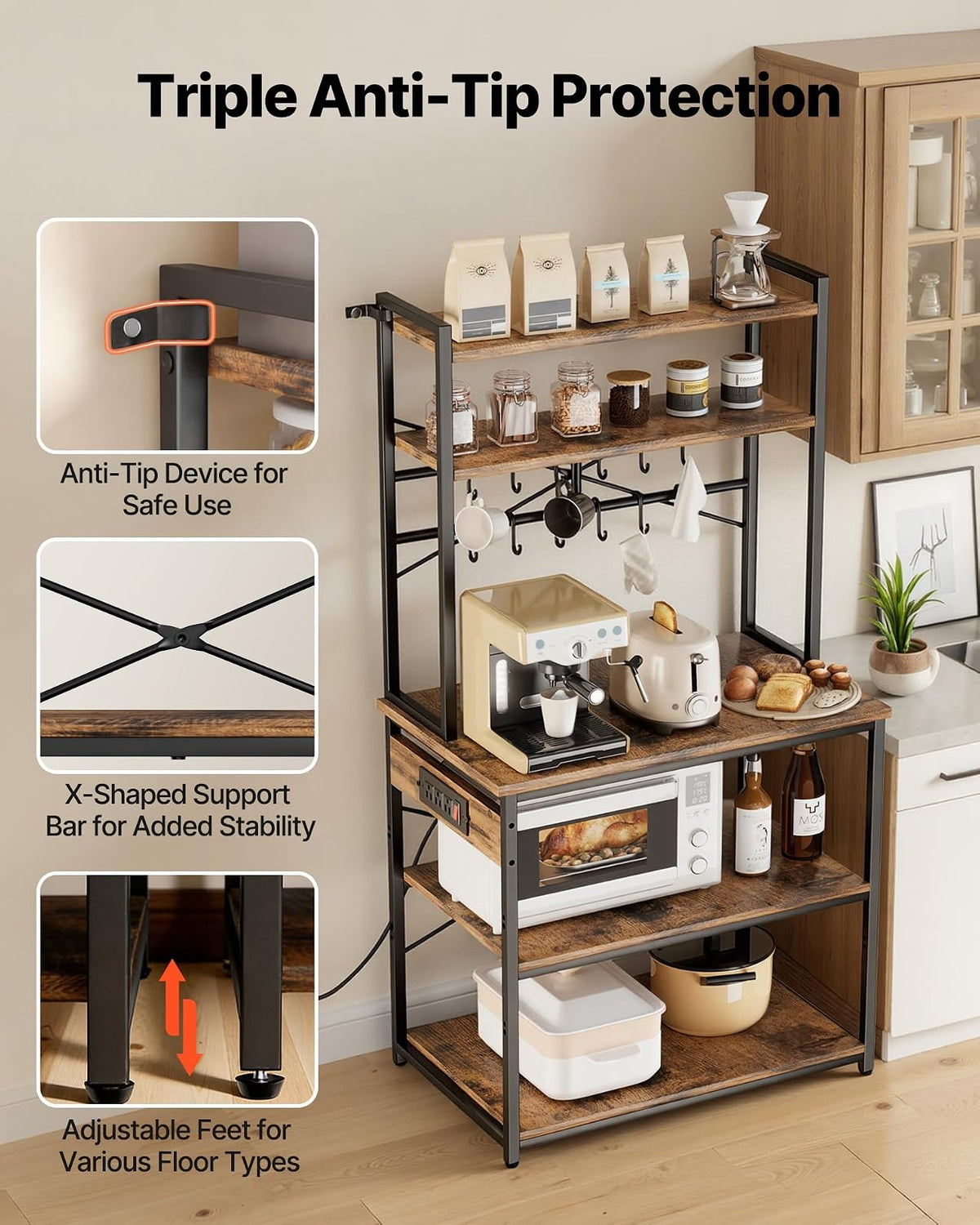 VEVOR Estante para Panaderos de Cocina con Toma de Corriente de 5 Niveles, Estantería de Almacenamiento de Servicios 80 x 40 x 161,8 cm con 12 Ganchos, con Soporte para Horno Microondas, Platos