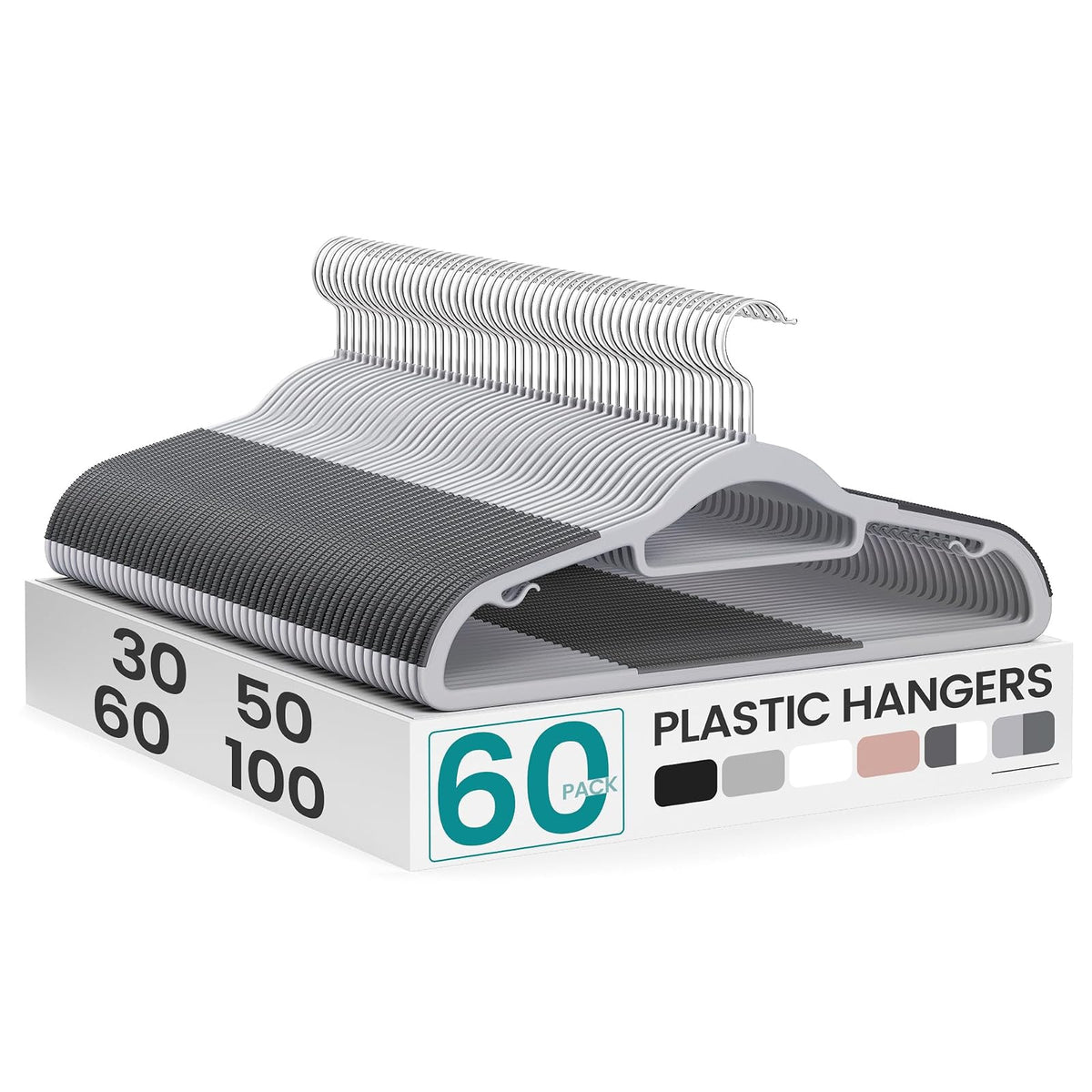 SONGMICS UCRP0020G01 - Paquete de 60 Perchas de plástico Que ahorran Espacio, Antideslizantes, 0.2 Pulgadas Delgadas, 16.5 Pulgadas de Ancho, Gancho Plateado Giratorio de 360°, Gris Claro y Oscuro
