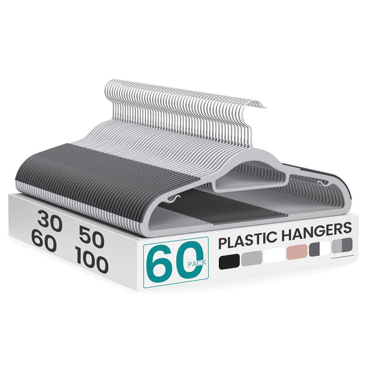 SONGMICS UCRP0020G01 - Paquete de 60 Perchas de plástico Que ahorran Espacio, Antideslizantes, 0.2 Pulgadas Delgadas, 16.5 Pulgadas de Ancho, Gancho Plateado Giratorio de 360°, Gris Claro y Oscuro