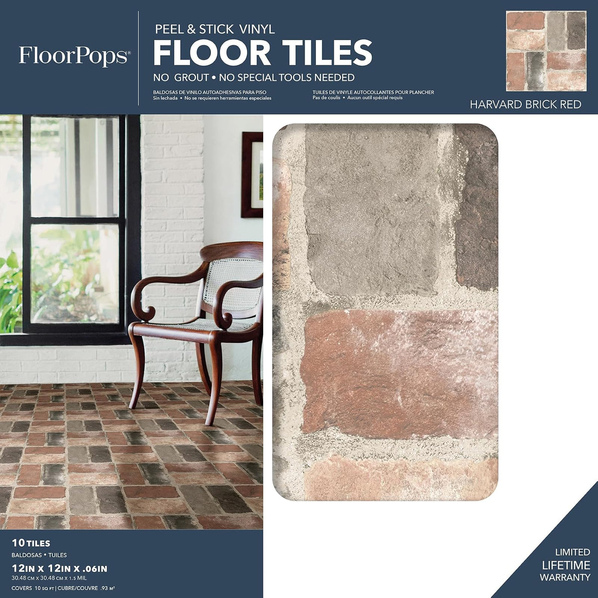 FloorPops - Azulejos de piso de ladrillo rojo sintético, vinilo, 10 piezas, 12x12 pulgadas, resistentes al agua, adhesivo autoadhesivo