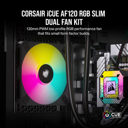 Corsair AF120 RGB SLIM, Kit de Ventilador de 120 mm con Rodamiento Dinámico de Fluidos PWM - Perfil Delgado Para Cajas Pequeñas - 8 LED RGB Direccionables - Pack Doble con Lighting Node CORE - Negro