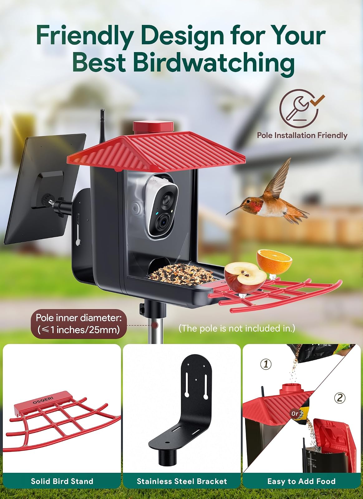 Osoeri Comedero para Pájaros con Cámara, Inteligente con IA, Identifica Aves, 1080P, Captura Vídeos Automática, Detección de Movimiento, Accesorios DIY, Regalo (Rojo Negro)