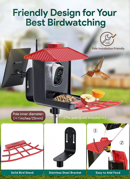 Osoeri Comedero para Pájaros con Cámara, Inteligente con IA, Identifica Aves, 1080P, Captura Vídeos Automática, Detección de Movimiento, Accesorios DIY, Regalo (Rojo Negro)