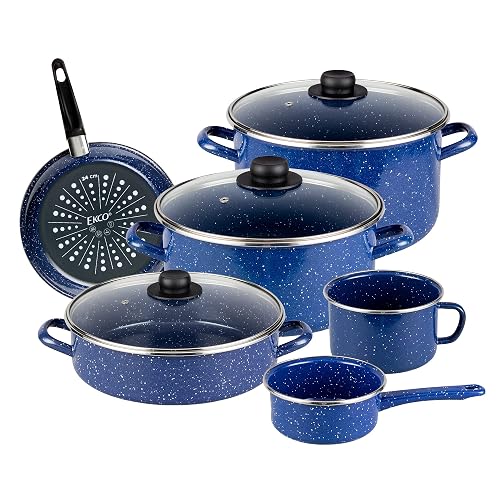 Ekco | Batería de Cocina 9 Pzas Acero Esmaltado para Inducción Azul | Compatible con inducción, Tapas de vidrio, Fácil limpieza, Asas ergonómicas, Calentamiento uniforme, Alta durabilidad