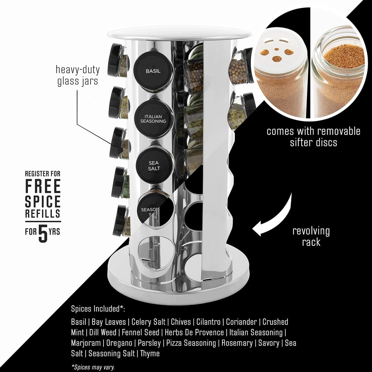 Kamenstein Organizador Giratorio de Torre para encimera de 20 tarros con recambios de Especias Gratis para 5 años, Acero Inoxidable Pulido con Tapas Negras